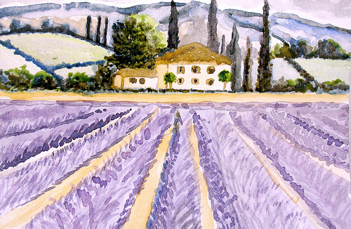Aquarelle : paysage de Provence par Nadia Abduch