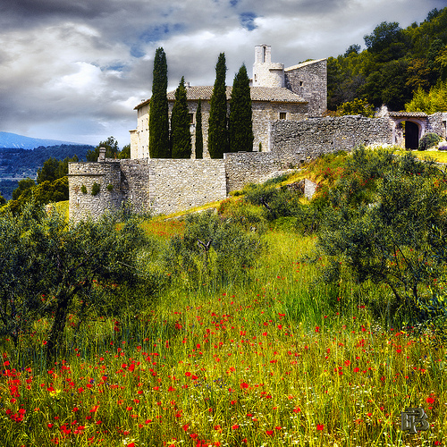 Paysage impressionniste : pierre, coquelicots, cyprès by Patrick Bombaert