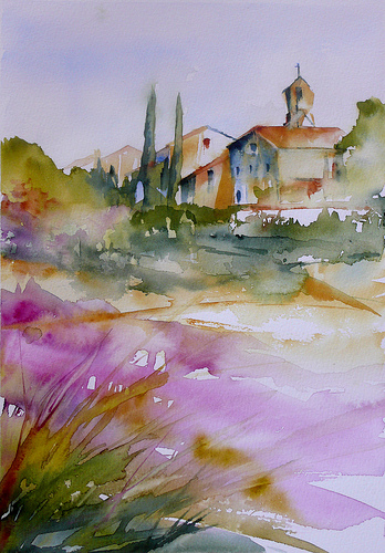 Aquarelle - Champ de lavandes / Lavender field by veroniquepiaser-moyen